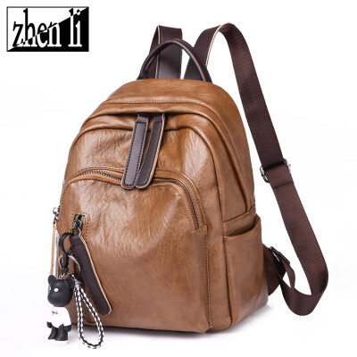 

New PU leather bear pendant solid color fashion girl backpack Harajuku style popular womens backpack
