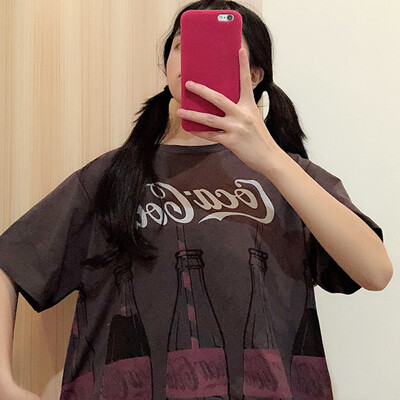 

Womens Round Neck Cartoon Coke Print Short Sleeve Long T-Shirt