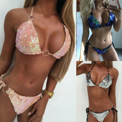 

New Women Push Up Beach Swimwear Sequin Triangle Bra Bikini Set Bathing Swimsuit