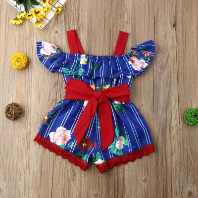 

Toddler Baby Girl Floral Off Shoulder Halter Romper Jumpsuit Overall Shorts Infant Sunsuit Outfit One Piece Clothes Blue