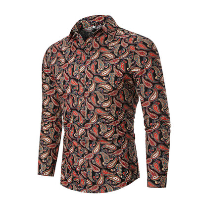 

Toponeto Mens Autumn Ethnic Business Leisure Printing Long-sleeved Shirt Top Blouse