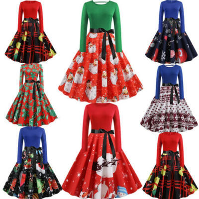 

Women Xmas Santa Snowman Print Swing Long Sleeve Prom Evening Dress Plus Size