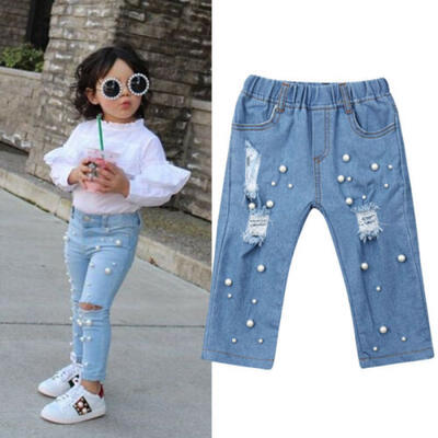 

Fashion Kids Girl Summer Casual Shredded Hole Jeans Denim Pants Elastic Trousers