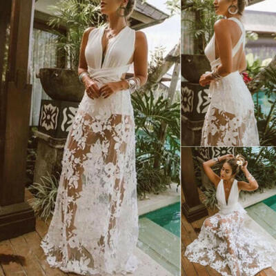 

Womens Summer Boho Floral Sleeveless Slim Mini Beach Lace Clothing Sun Dress