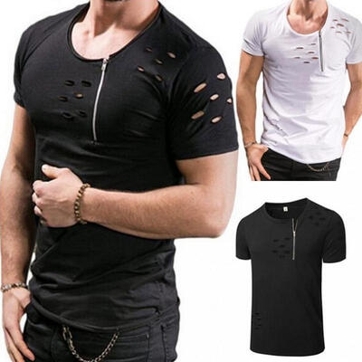 

Men Print Hole Zipper Casual Blouse Tops Loose Short Sleeve T Shirt Tops New