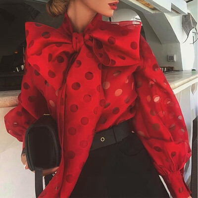 

Women Bowknot Polka Dot Blouse Shirt Tops Lantern Long Sleeve Work Party T-shirt