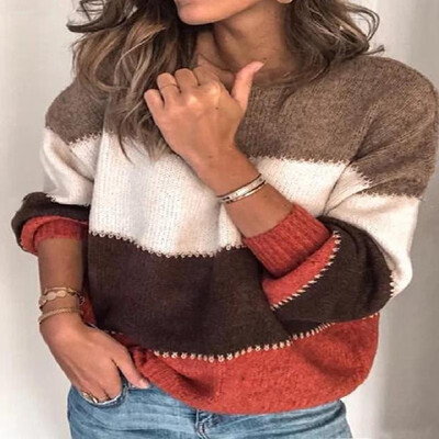 

Round Neck Long Sleeves Elastic Cuffs Wide Stripe Knit Jumper