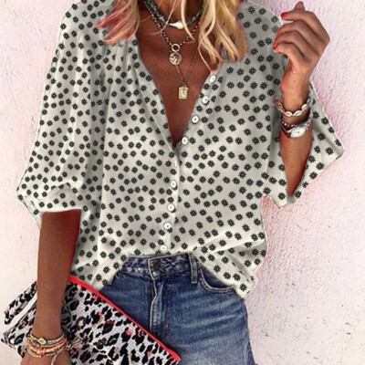 

Womens Floral Print Half Sleeves V Neck Blouse Casual Loose Button Down Tops