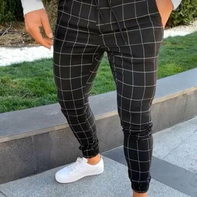 

Mens Urban Straight Leg Trousers Casual Pencil Jogger Cargo PlaidChecks Pants