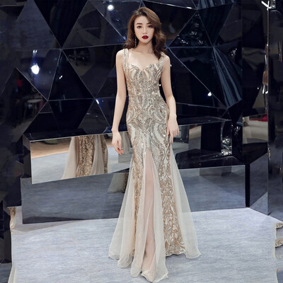

Sexy Sling Mermaid Women Evening Dress Elegant Long Sequins Bride Toasting Dress Party Prom Dress