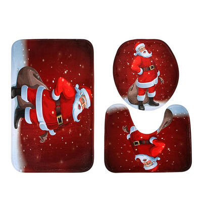 

3pcs Christmas Antislip Washable U Shape Square Toilet Cover Floor Bath Mat