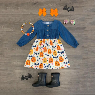 

Kids Baby Girls Long Sleeve Princess Dress Outfits Denim Party Halloween Clothes