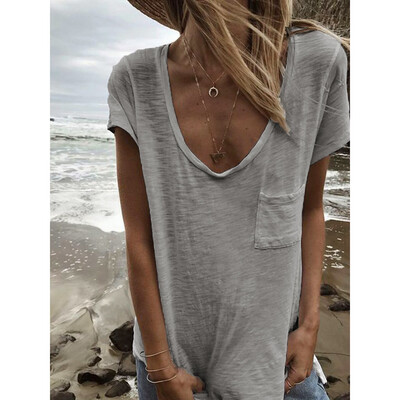 

Nomeni Women Casual Solid Pocket Blouse Short Sleeve Loose Top Shirt Tee