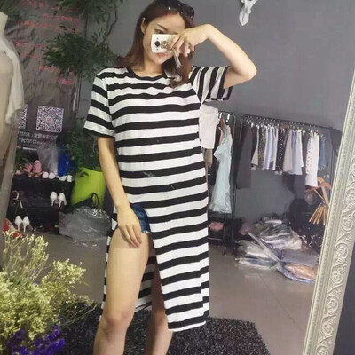 

Striped Print Split Women Tshirt Casual O Neck Half Sleeve Loose Long T-Shirt Blue White Stripes Korea Style Tees Top