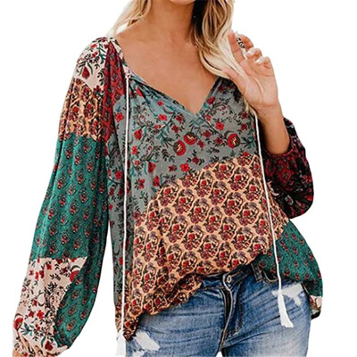 

Women Loose V Collar Button Summer Cartoon Floral Print Loose Long Sleeve Casual Simple Wild T-Shirt