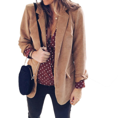 

2019 Women Fashion Solid color Decorative pocket Lapel Long sleeve Loose Suit Coat