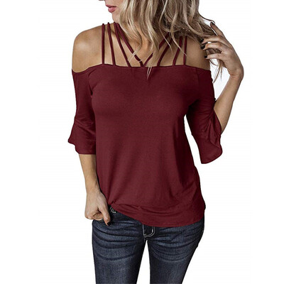 

Nomeni Women Summer Off Shoulder Short Sleeve Loose Solid Plus Size Casual T-Shirt