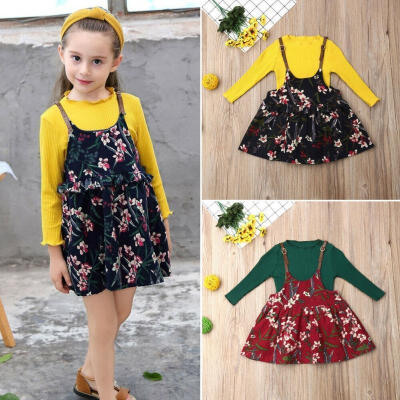 

Toddler Baby Girls Summer Outfits Long Sleeve Top Floral Suspender Dress Skirt Outfits Sets