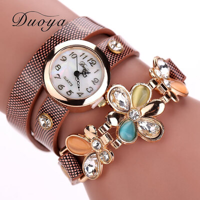 

Trend around three-ring alloy quartz watch fashion mesh PU strap with diamond flower female watch