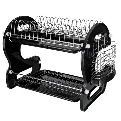 

Kitchen Dish Drainer Dual Layers Bowls & Dishes & Chopsticks & Spoons Collection Storage Shelf Black