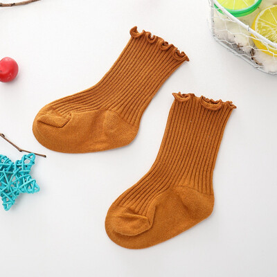 

New Solid Color Childrens Socks Loose Mouth Wooden Ear Baby Socks Girls Lace Tube Socks Cotton Breathable Student Socks