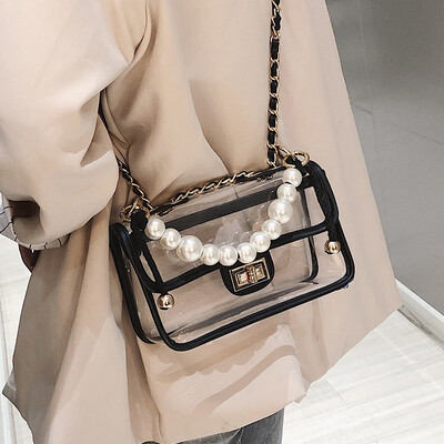 

Advanced sense bag foreign gas pearl handbag female bag new 2019 jelly transparent package texture chain Messenger bag