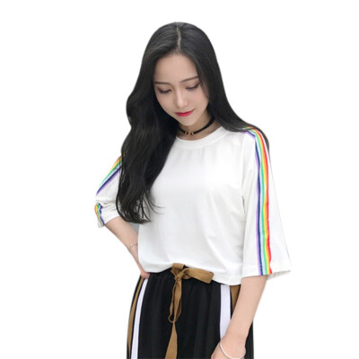 

Summer T-shirt Women Lady Cropped Top Rainbow Printed Top Loose T-shirts For Women