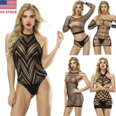 

US Women Sexy Lingerie Fishnet Sleepwear Body Stocking Thigh High Lace Bodysuit