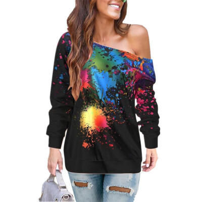 

Women Autumn Sexy One Shoulder T-shirt Spray Paint Print Casual Ladies Tops