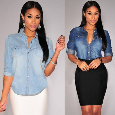 

Retro Women Casual Blue Jean Soft Denim Long Sleeve Shirt Tops Blouse Jacket z1