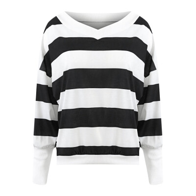 

Long Sleeve Wide Armhole Tight Cuff V-neck Stripe Loose Woman T-shirt