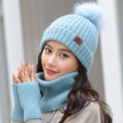 

Hat woman winter scarf gloves three-piece Korean version joker style knitted hat warm ear protection lovely woollen hat