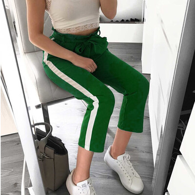 

Tailored Women High Waist Pure Color Stripe Bandage Elastic Waist Casual Pants