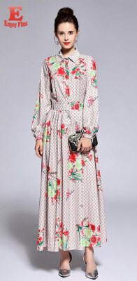 

L XL XXL elegant new autumn 2018 long maxi dress women long sleeve flower print slim A line ankle length vintage lady