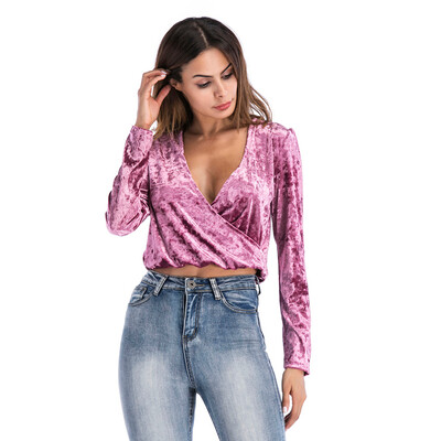 

Tailored Sexy Fashion Womens Deep V Neck Tops Solid Long Sleeve Ladies Shirt