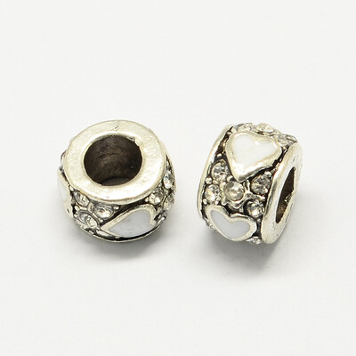 

Alloy Rhinestone Enamel Style European Beads Rondelle Large Hole Beads Antique Silver White 10x7mm Hole 5mm