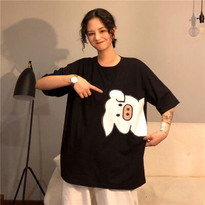 

Women Summer Good Luck Pig Cartoon Tops Short Sleeve Casual Female T-Shirt Simple Wild Lucky Girl Tops Couple Clothes