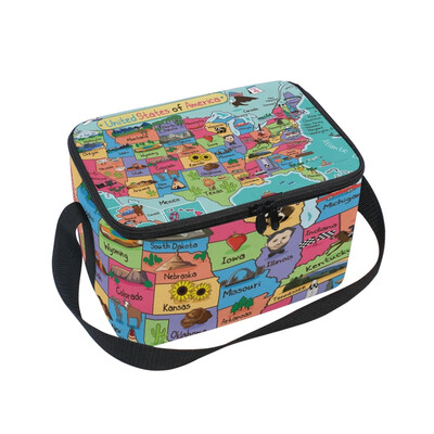 

ALAZA Insulated Lunch Box Map In Cartoon Style Lunch Bag for Men Women Portable Tote Bag Cooler Bag