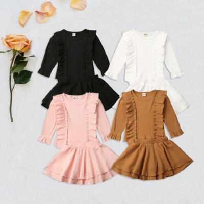 

UK 2PCS Kid Baby Girl Knitted Ruffle Tops T-shirt Tutu Skirt Dress Clothes 0-18M