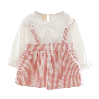 

2019 New Autumn Casual Baby Girls Plaid Print Long Sleeve Fake 2 Piece Dress With Lace Kids Princess Sundress