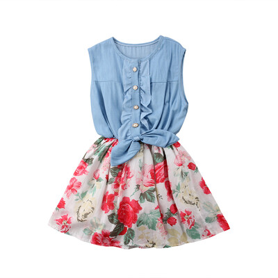 

Cute Kids Girl Dress Printed Cowboy Half Dresses Sleeveless Summer Bowknot