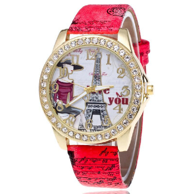 

Explosion-studded diamond Paris Eiffel Tower watch fashion digital belt ladies watch printed watches Pink