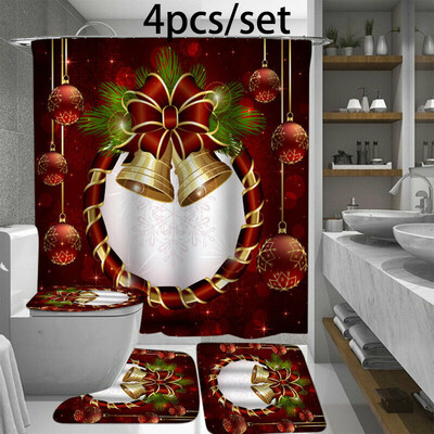 

34pcs Christmas Printing Bathroom Shower Curtain Toilet Waterproof Cover Mat