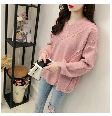 

2018 short v-neck knit women 2018 autumnwinter Korea edition easy languid wind pullover long sleeve students