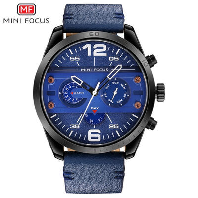 

MINI FOCUS Sports Men Watches Fashion Military Waterproof Quartz Wristwatch 24 Hour Clock With Leather Strap MF0068G