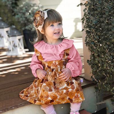 

Toddler Baby Girls Long Sleeve Solid TopsOveralls Floral Skirt Clothes Outfits