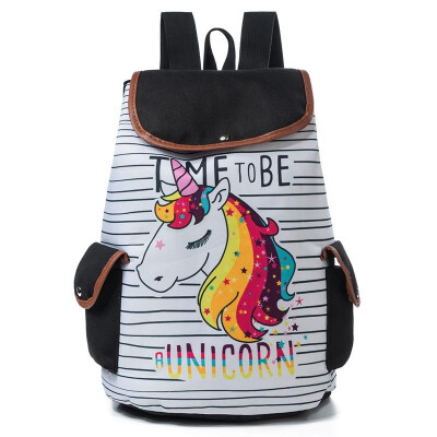 

Women Unicorn Flamingos Print Backpack Flap Drawstring Large Capacity School Travelling Shoulder Bag