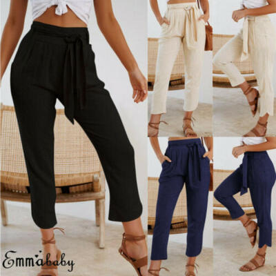 

US Womens High Waist Casual Drawstring Elastic Long Pants Ladies Pencil Trousers