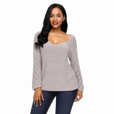 

V-neck hollow long-sleeved warm sweater casual rib knit sweater womens