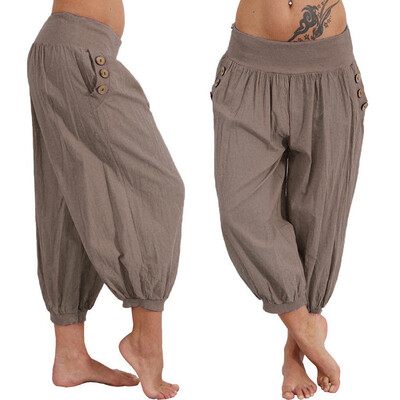 

Tailored Women Elastic Waist Boho Check Pants Baggy Wide Leg Summer Casual Yoga Capris